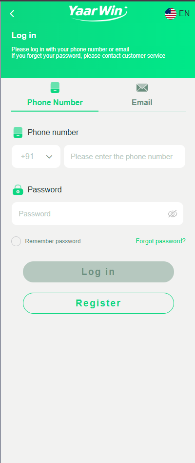 Yaarwin Login Screen